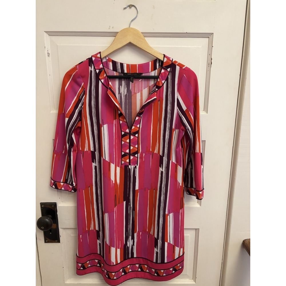 BcbgMaxAzria Women's Pink Psychedelic Mod Shift 3/4 Sleeve Multicolor Small